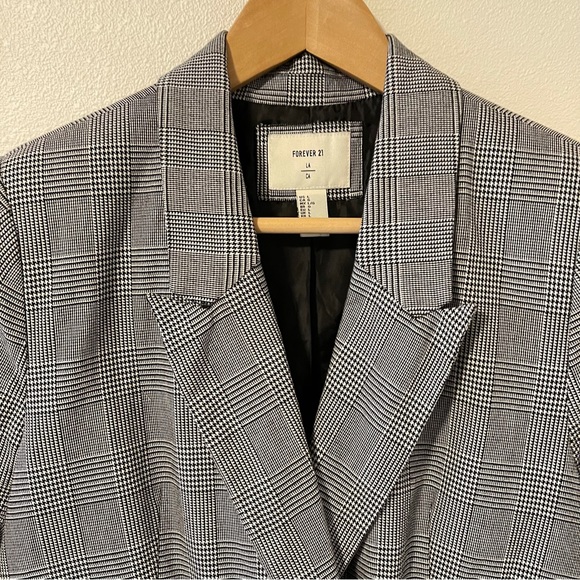 Forever 21 Glen Plaid Double Breasted Blazer Black White-Large - Picture 3 of 9